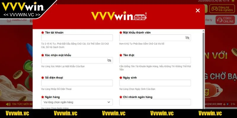 Bạn cần điền đúng thông tin vào form theo yêu cầu của nhà cái 
